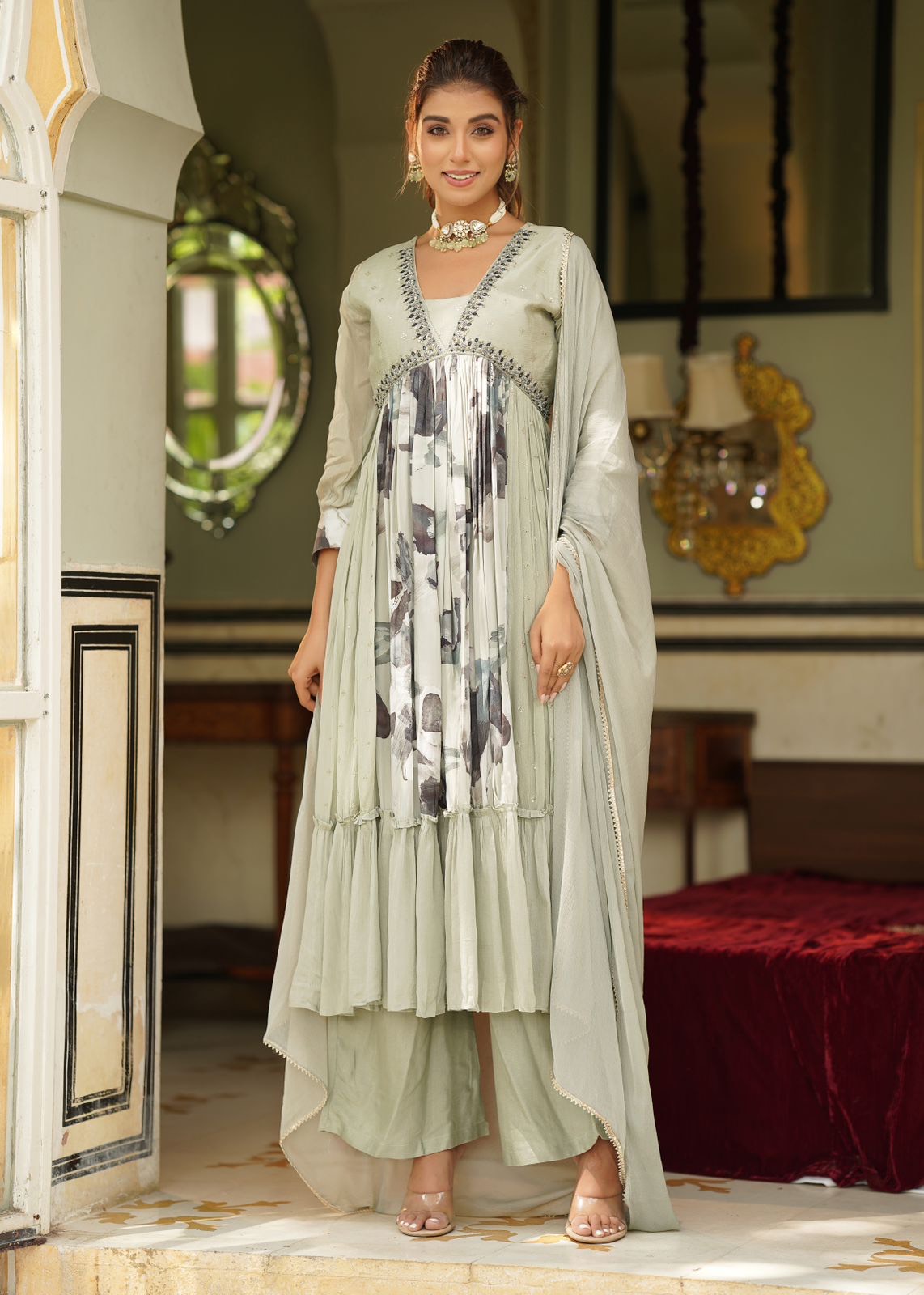 Printed Ivory flared suit.