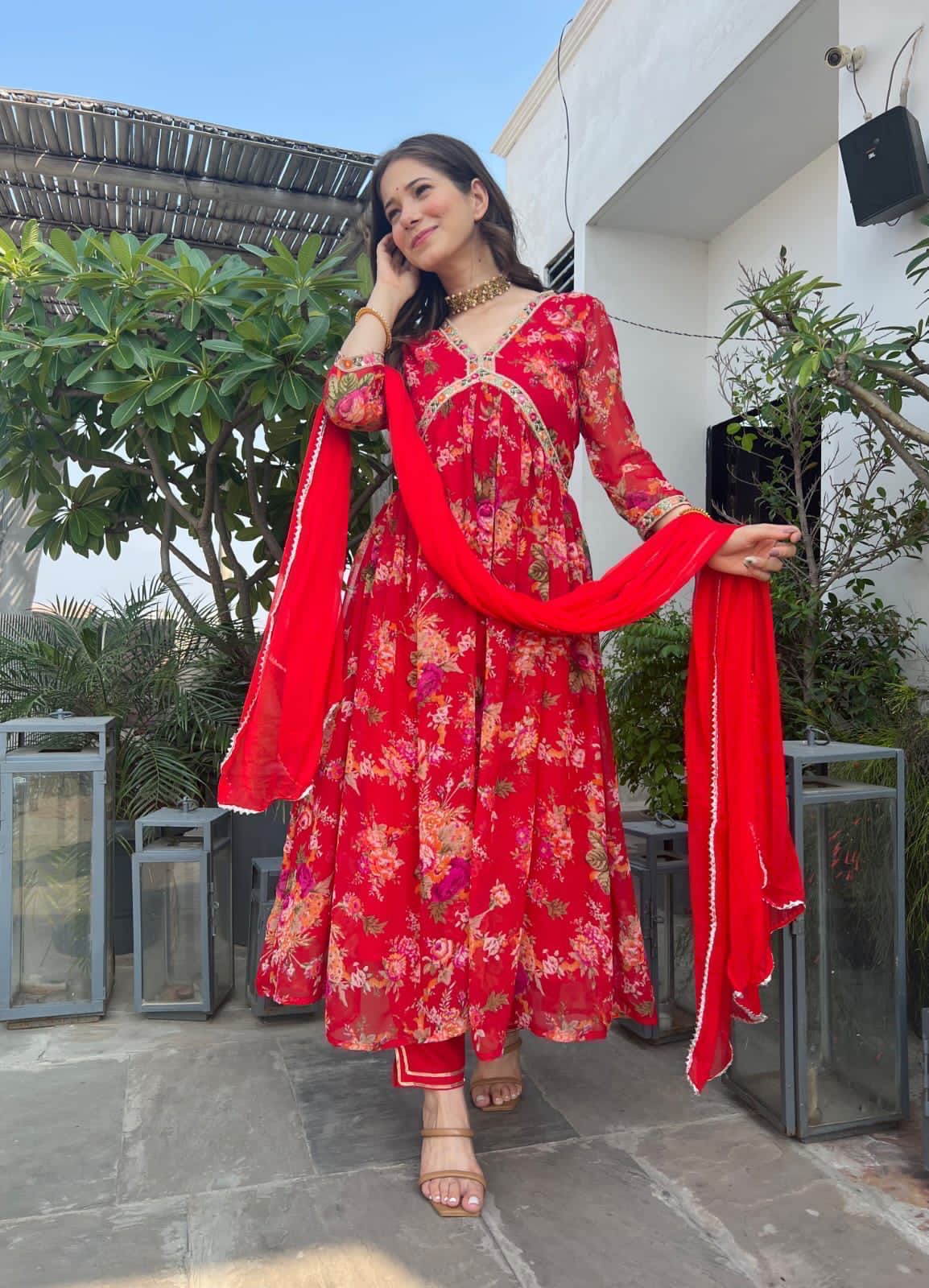 Red Printed Flared suit