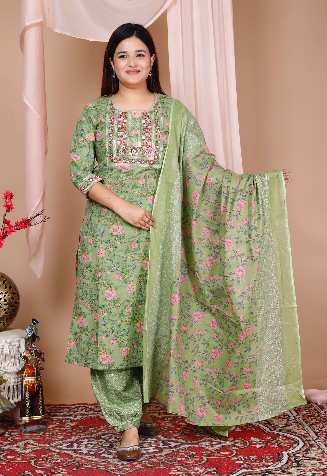 Printed green straight  suits