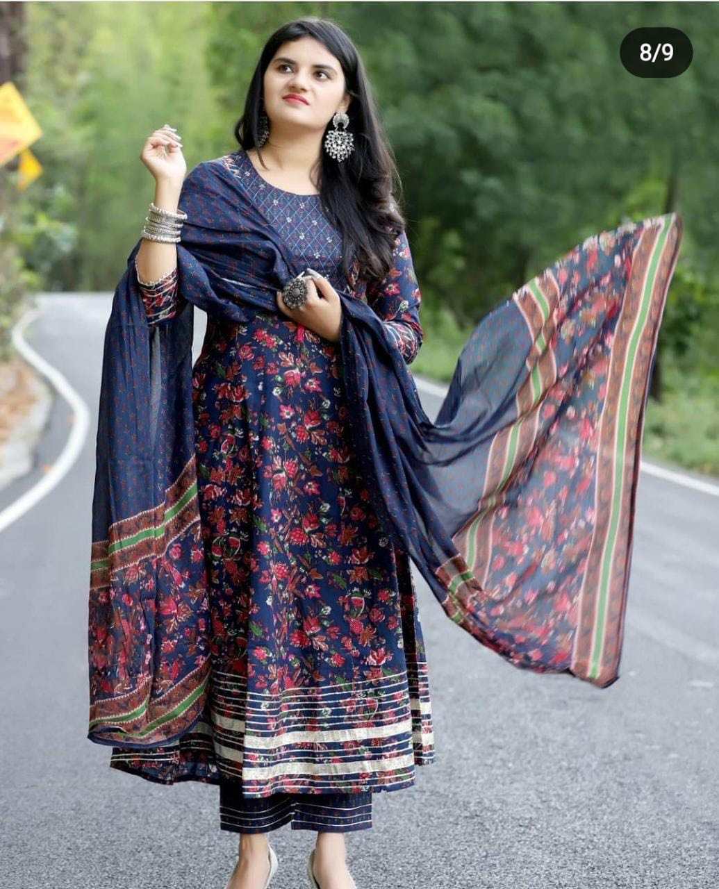 Blue Printed Cotton kalidar Suit